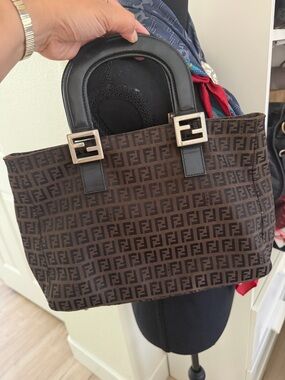 Fendi Brown Zucca Monogram Tote with Black Leather Handles